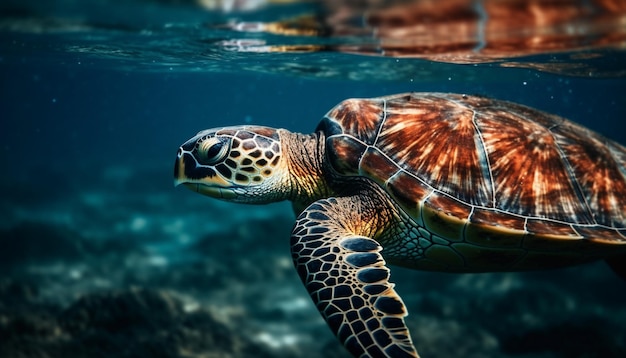 Sich langsam bewegende Karettschildkröte gleitet durch ein von KI erzeugtes tropisches Riff