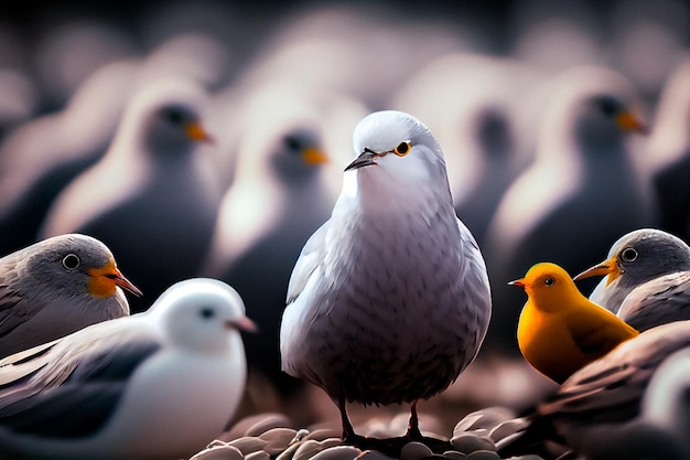 Sich von der Masse abhebender weißer Vogel, der zwischen grauen Vögeln steht Generative KI