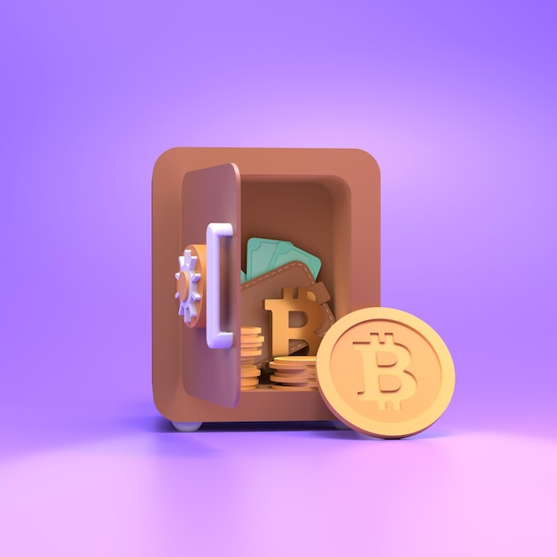 Sicher mit Goldmünzen und Bitcoin. Finanzsparkonzept. 3D-Render-Darstellung