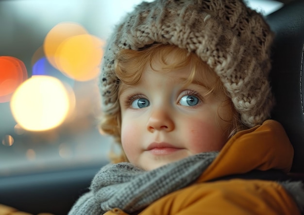 Sicherheit im Familienwagen Ein entzückendes kleines Mädchen mit einem Hut sitzt im Auto und sorgt für ihre Sicherheit während der Reise