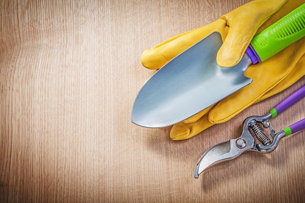 Sicherheitshandschuhe Handspaten Gartenschere auf Holzbrett Gartenkonzept