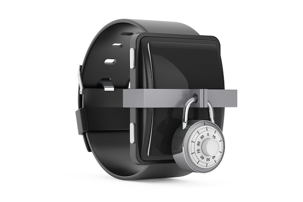 Sicherheitskonzept. Smartwatch mit Kombinationsschloss auf weißem Hintergrund. 3D-Rendering