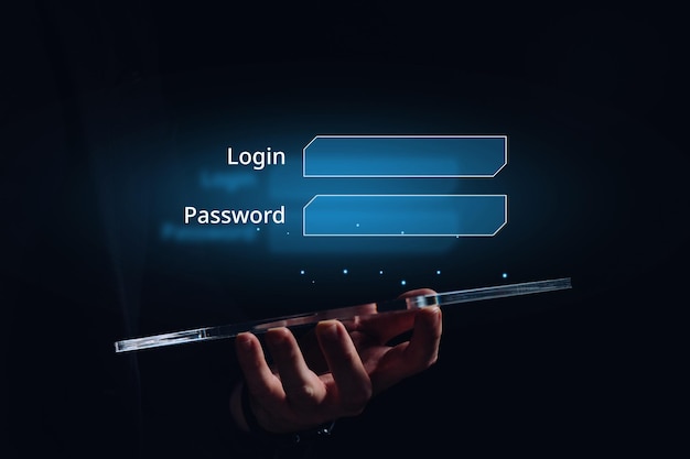 Foto sicherheitskonzept und holografische balken mit passwort und login die person hält ein tablet