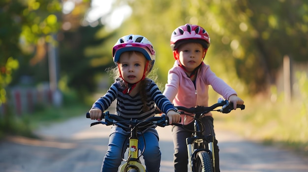 Sicherheitskonzept Zwei Kinder ein Mädchen und ein Junge fahren auf dem Fahrrad und tragen Helme KI generiert