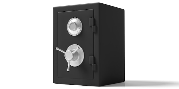 Sicherheitstresor isoliert schwarz mit geschlossener Tür auf weißem Hintergrund 3D-Darstellung