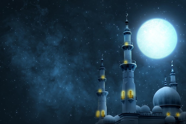 Sicht auf die Moschee mit Vollmond in der Nachtszene Kopieren Sie den Raum oder den Mockup Konzept von Eid Al Fitr und Ramadan Mubarak Ramadan Kareem Hintergrund