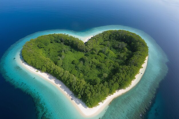 Sicht auf eine herzförmige Insel mit Vegetation