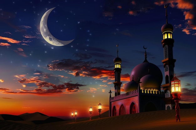 Sicht auf eine Moschee mit einem Halbmond am Himmel