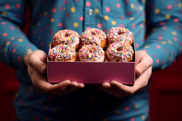 Foto sicht auf eine person, die eine kiste mit köstlichen glasierten donuts hält