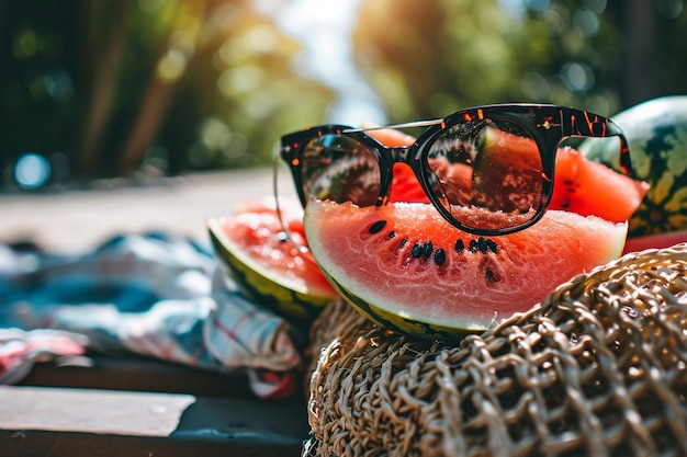 Foto sicht auf eine sonnenbrille mit sommerartikeln und einer wassermelonentasche