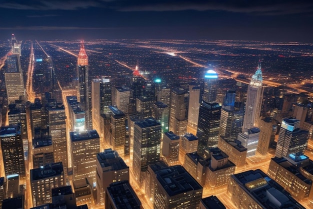 Sicht auf Stadtlichter und Wolkenkratzer in der Nacht