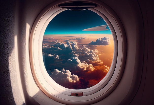 Sicht aus dem Flugzeugfenster auf die Wolken KI-generiert