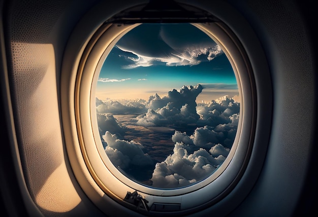 Sicht aus dem Flugzeugfenster auf die Wolken KI-generiert