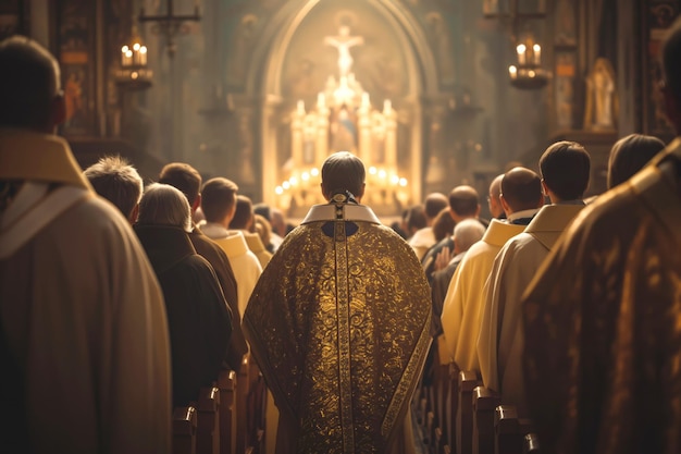 Foto sicht von hinten der menschenmenge auf stehende gläubige in der kirche