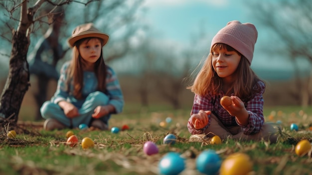 Foto sicht von kindern, die farbige eier auf dem grashintergrund spielen