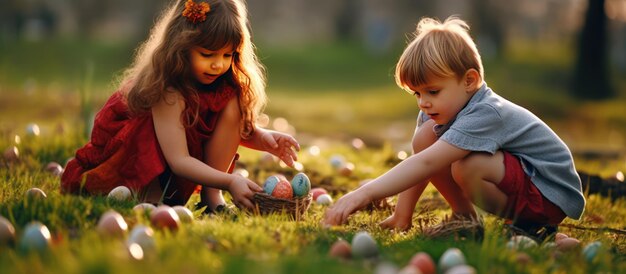 Foto sicht von kindern, die farbige eier auf dem grashintergrund spielen