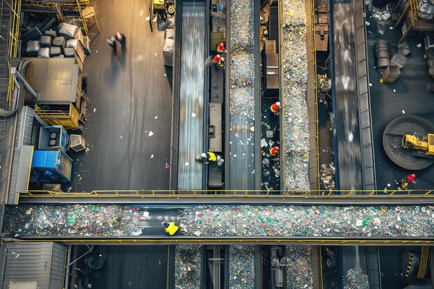 Sicht von oben auf Arbeiter und Maschinen in einer Müllsortierungsanlage