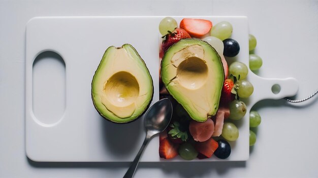 Sicht von oben auf eine frische reife Avocado auf einer weißen Tafel