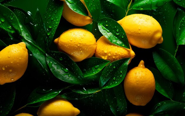 Sicht von oben auf frische Zitronen mit Wassertropfen und grünen Blättern