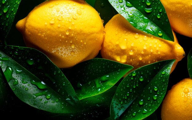 Sicht von oben auf frische Zitronen mit Wassertropfen und grünen Blättern
