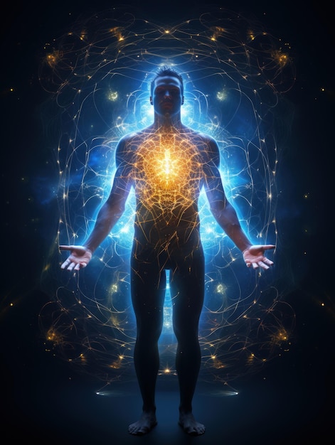 Sichtbare Aura um eine Person offen Chakra alternative Medizin menschliche Seele in Form von Strahlung und Strahlen um den menschlichen Körper Zen Gleichgewicht von Seele und Körper