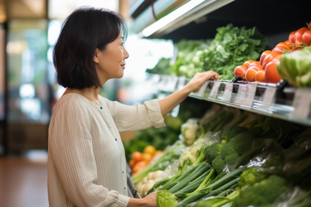 Sichtweise einer reifen asiatischen Frau, die frisches Obst und Gemüse im Supermarkt wählt