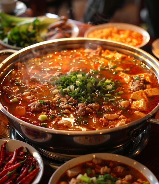 Foto sichuan hot pot mit rindfleisch tofu und gemüse