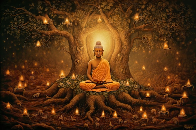 Siddhartha Gautama erleuchtet unter der generativen KI des Bodhi-Baums