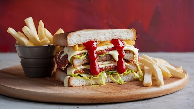 Foto side-view-club-sandwich mit pommes frites und ketchup mit mayonnaise