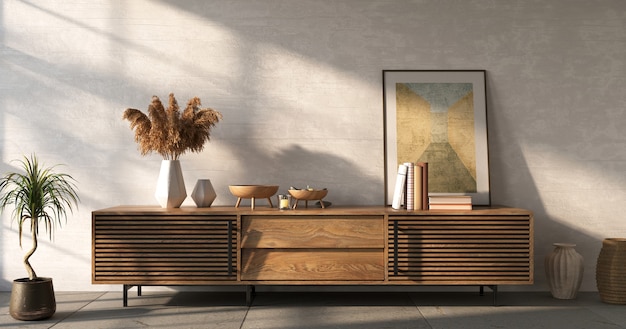 Sideboard mit Dekor auf weißem Wandhintergrund Wohnzimmermodell 3D-Rendering