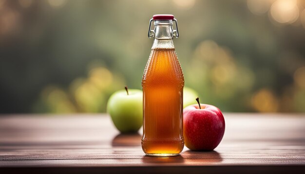 Sidra de manzana en botella de vidrio con gotas de agua.