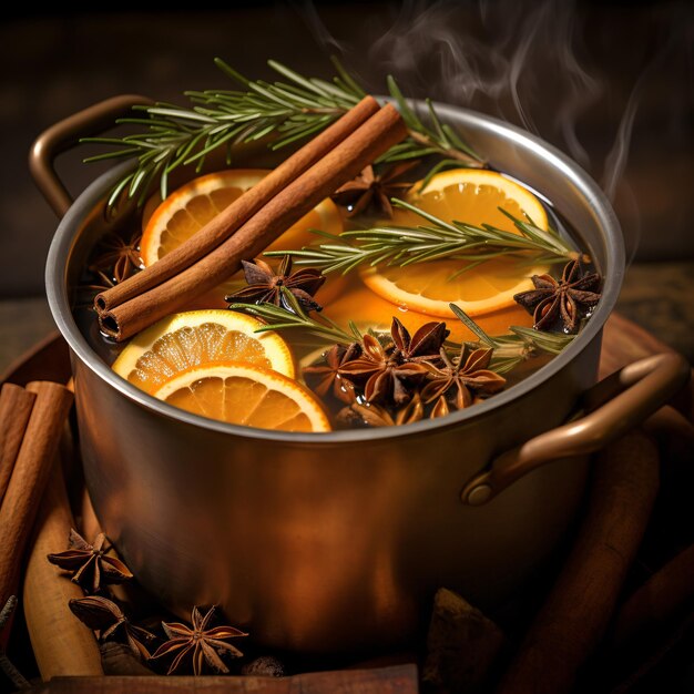 Foto sidra de manzana calentada en una olla de cobre con naranjas