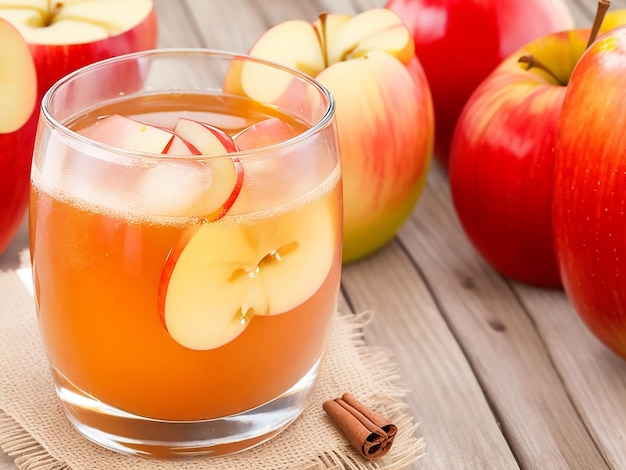 Sidra de manzana casera con canela y rodajas de manzana servida en dos vasos