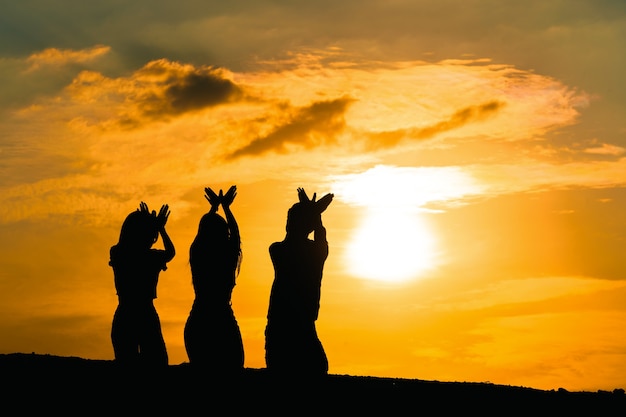 Sie machen Taubensymbole über Freiheit und Natur auf einem Sonnenuntergangshintergrund. Hoffnungskonzept