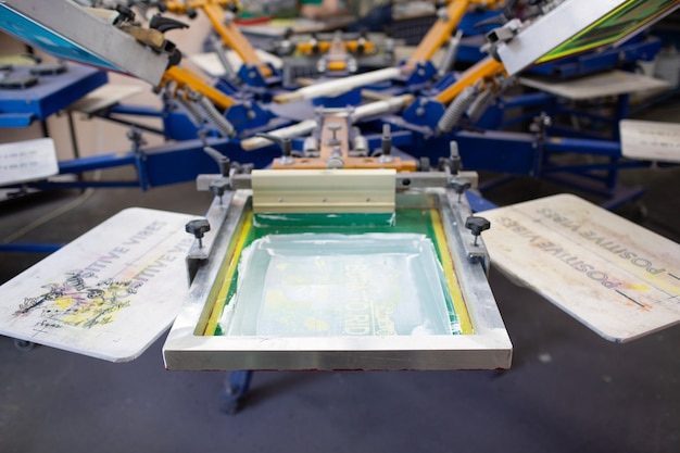 Siebdruckverfahren in der Kleiderfabrik Karussellrahmen Rakel und Plastisolfarben color