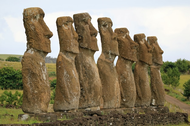 Sieben Moai-Statuen bei Ahu Akivi, Osterinsel, Chile, Südamerika