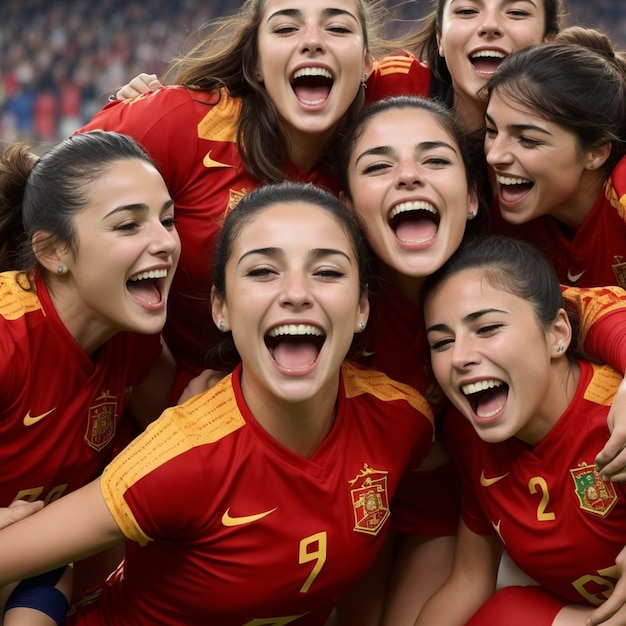 Foto sieg für die spanische frauenfußballnationalmannschaft fußballspielerinnen glück und feiern heben t