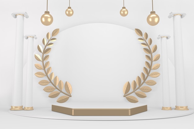 Sieg goldener Podiumssieger auf weißem Hintergrund minimalistisches Design. 3D-Rendering