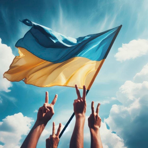 Sieg-Ukraine-Flagge auf blauem Himmel ai generativ