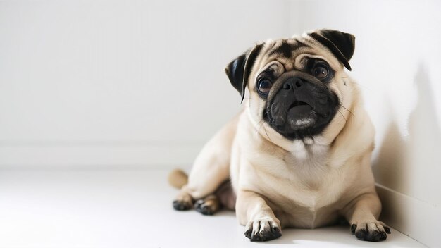 Se sienta beige perro pug mirando a la cámara aislado en blanco