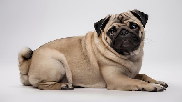 Se sienta beige perro pug mirando a la cámara aislado en blanco