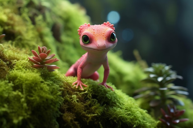 Se sienta un pequeño y lindo gecko con la cabeza rosada