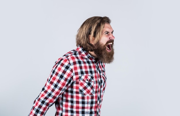 Foto siente una gran ira hombre barbudo enojado con camisa a cuadros gritando retrato de un hipster barbudo con barba larga y exuberante y bigote en la cara un hombre guapo y seguro de sí mismo tiene un peinado perfecto