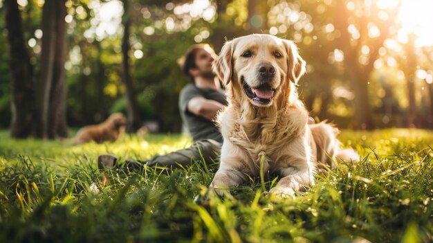 Foto siéntese en la hierba suave con su perro y disfrute de una variedad de bocadillos y golosinas mientras