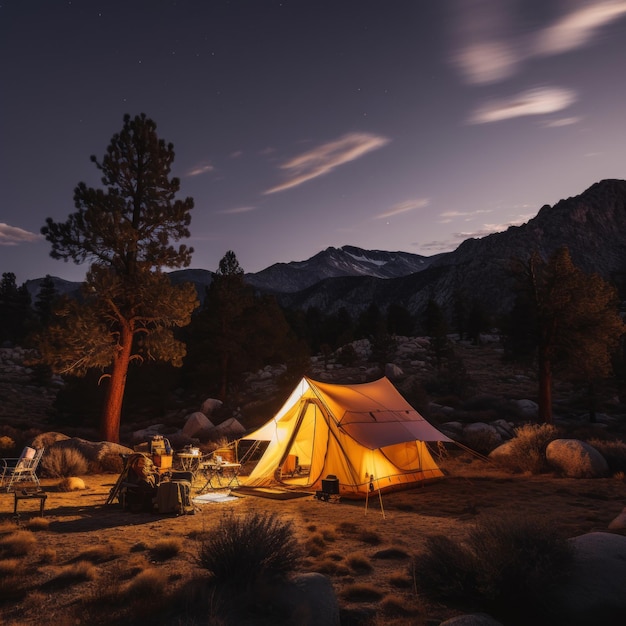 Sierra Twilight capturando um retiro sincero em um acampamento com luzes sutis em 4K