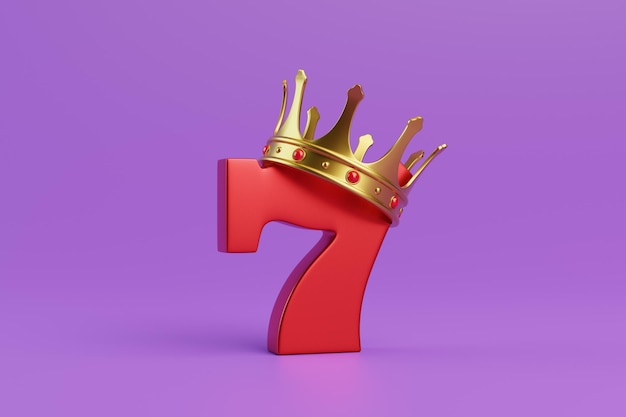 Siete afortunados rojos con una corona de oro sobre un fondo púrpura Símbolo de casino Ilustración 3D
