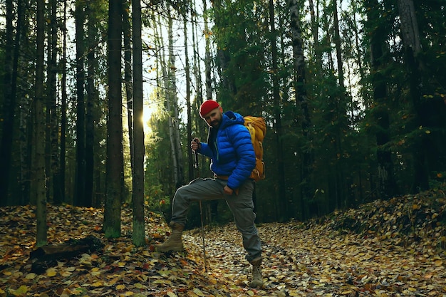 siga-me em uma caminhada, um homem convida você para uma caminhada na floresta, paisagem de outono na floresta na natureza