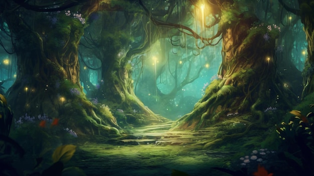 Siga o caminho para o encantamento Uma pintura florestal mística com IA generativa