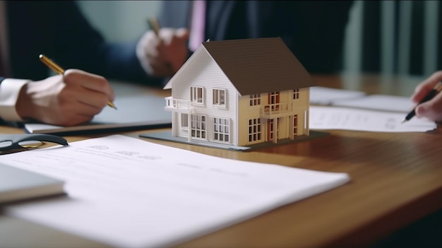 Signatários de casas assinando documento de empréstimo de assinatura para propriedade de casa com propriedade de agentes imobiliários