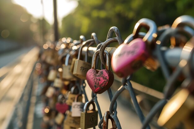 Foto el significado simbólico de los candados en forma de corazón en una valla compromiso entre dos personas